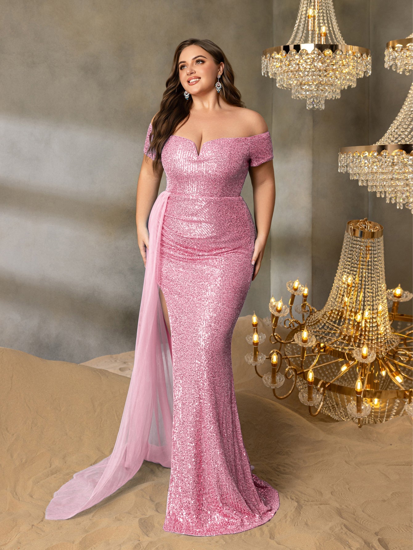 Additional product view of High-Slit Plus-Size Off-Shoulder Sequin Mermaid Evening Gown
