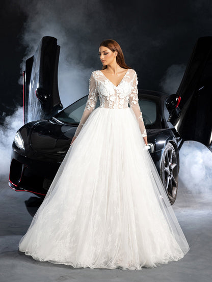 Additional product view of Plunging-Neck Backless Tulle V-Neck Long-Sleeve Wedding Dress