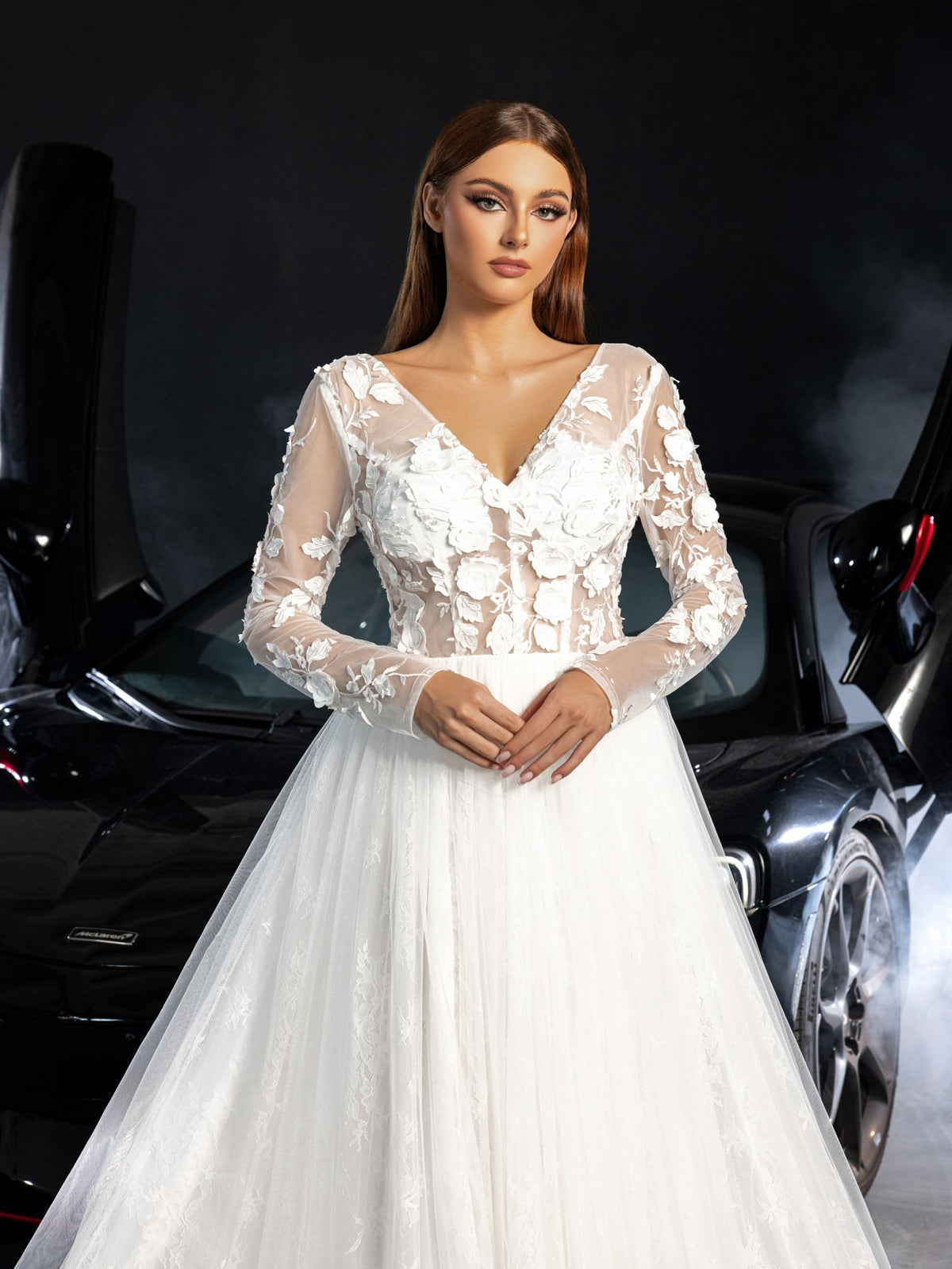 Additional product view of Plunging-Neck Backless Tulle V-Neck Long-Sleeve Wedding Dress