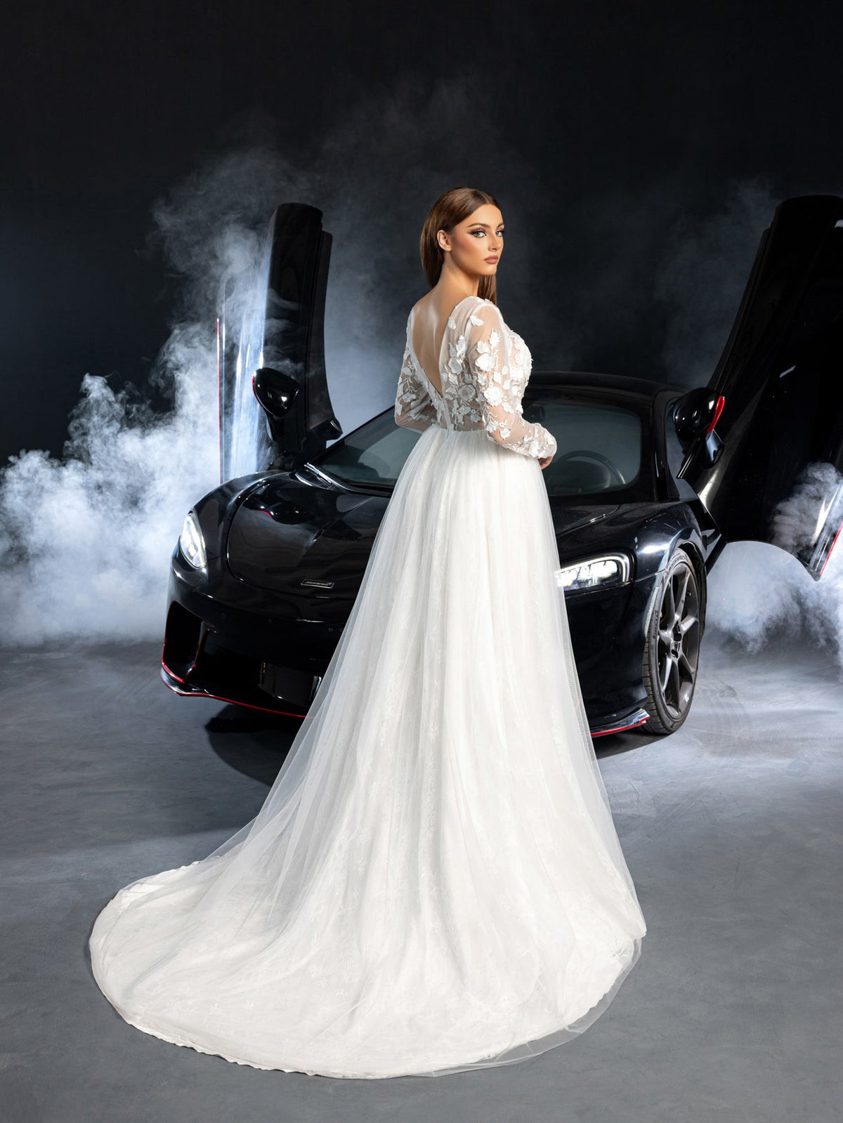 Additional product view of Plunging-Neck Backless Tulle V-Neck Long-Sleeve Wedding Dress