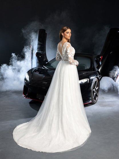 Additional product view of Plunging-Neck Backless Tulle V-Neck Long-Sleeve Wedding Dress
