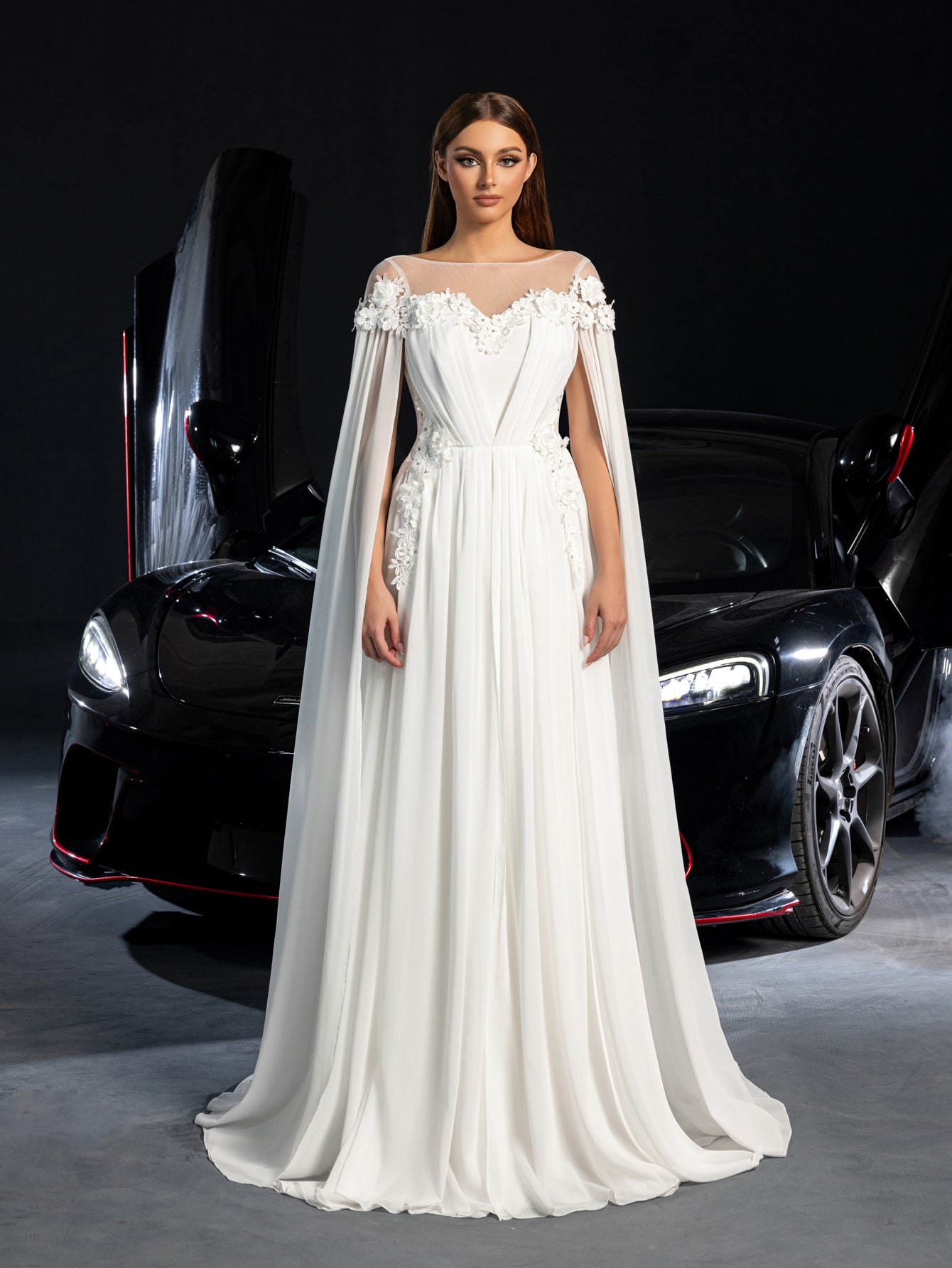 Elegant Applique Detail Boat Neck Ruched Front Cape Sleeves Chiffon Wedding Dress – view 4
