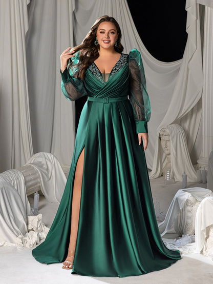 Plus-Size V-Neck Satin Puff-Sleeve A-Line Evening Gown — authorized product image 3