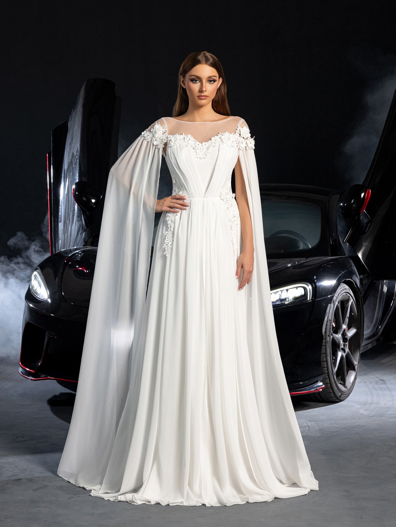 Elegant Applique Detail Boat Neck Ruched Front Cape Sleeves Chiffon Wedding Dress – view 5