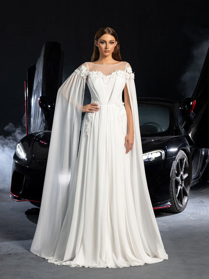 Elegant Applique Detail Boat Neck Ruched Front Cape Sleeves Chiffon Wedding Dress – view 5