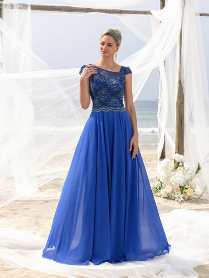 Women's Elegant Evening Gown: Embroidered Lace Bodice & Flowing Chiffon Skirt – Diagonal Neckline & Cap Sleeves Formal Dress – view 3