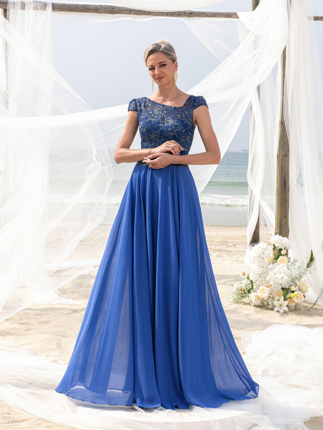 Women's Elegant Evening Gown: Embroidered Lace Bodice & Flowing Chiffon Skirt – Diagonal Neckline & Cap Sleeves Formal Dress – view 4