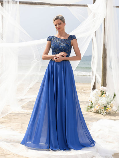Women's Elegant Evening Gown: Embroidered Lace Bodice & Flowing Chiffon Skirt – Diagonal Neckline & Cap Sleeves Formal Dress – view 4