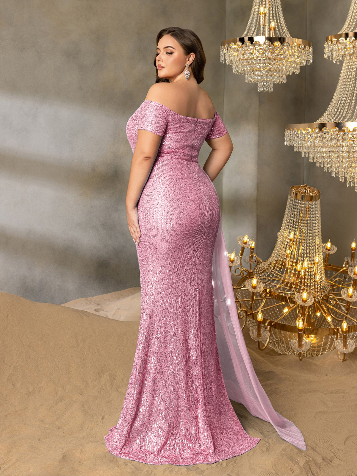 Additional product view of High-Slit Plus-Size Off-Shoulder Sequin Mermaid Evening Gown