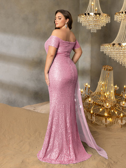 Additional product view of High-Slit Plus-Size Off-Shoulder Sequin Mermaid Evening Gown