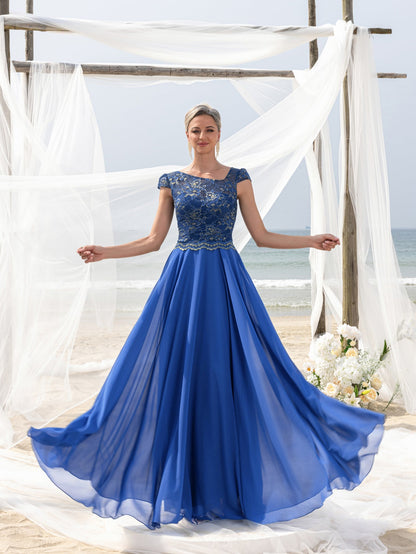 Women's Elegant Evening Gown: Embroidered Lace Bodice & Flowing Chiffon Skirt – Diagonal Neckline & Cap Sleeves Formal Dress – view 5