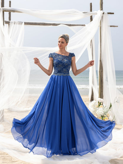 Women's Elegant Evening Gown: Embroidered Lace Bodice & Flowing Chiffon Skirt – Diagonal Neckline & Cap Sleeves Formal Dress – view 6