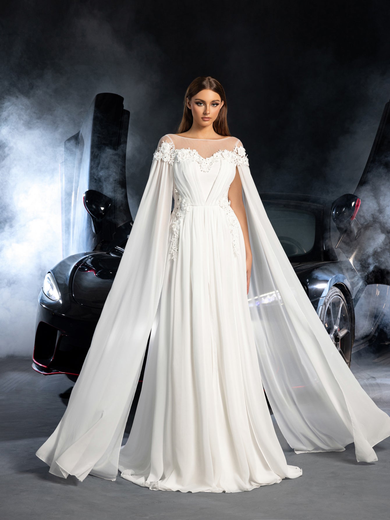 Elegant Applique Detail Boat Neck Ruched Front Cape Sleeves Chiffon Wedding Dress – view 6