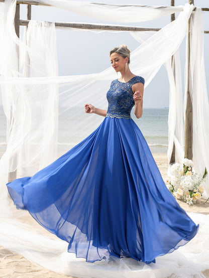 Women's Elegant Evening Gown: Embroidered Lace Bodice & Flowing Chiffon Skirt – Diagonal Neckline & Cap Sleeves Formal Dress – view 7