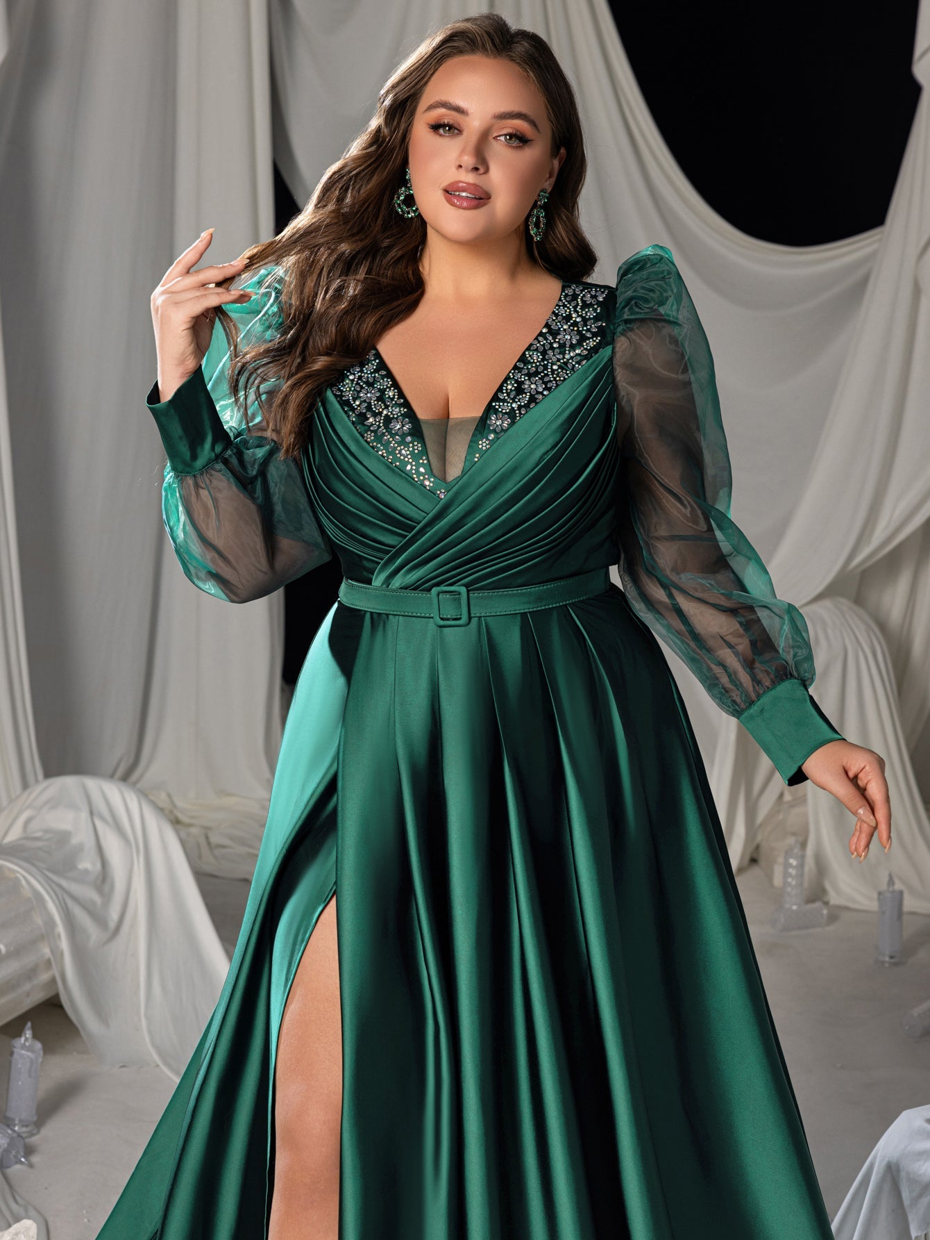 Plus-Size V-Neck Satin Puff-Sleeve A-Line Evening Gown — authorized product image 6