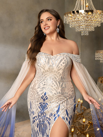 Plus Graphic Sequin Evening Gown with Translucent Sleeves and High Slit – Mermaid Silhouette for Luxury Weddings or Galas, 1XL-3XL – view 6