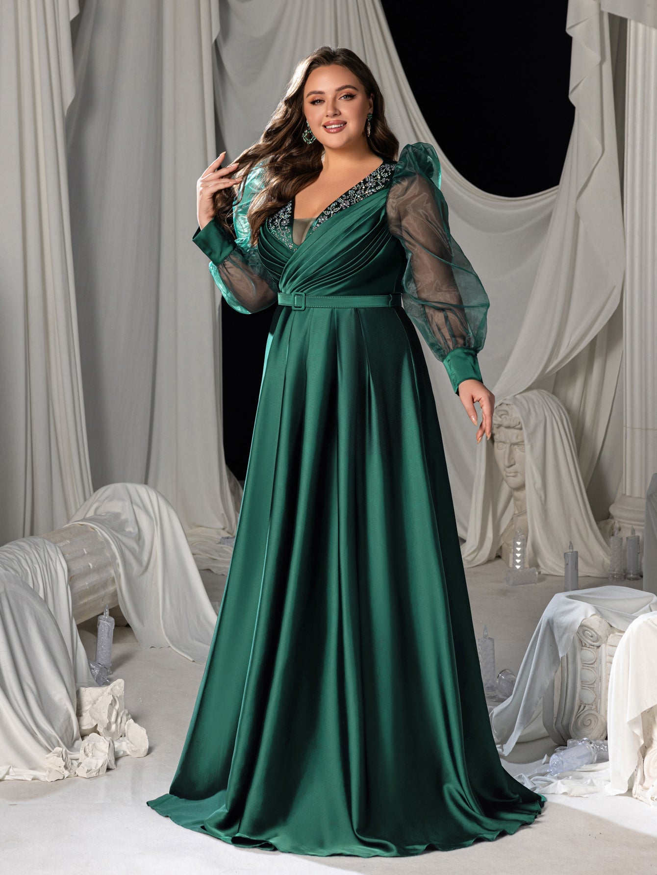 Plus-Size V-Neck Satin Puff-Sleeve A-Line Evening Gown — authorized product image 4