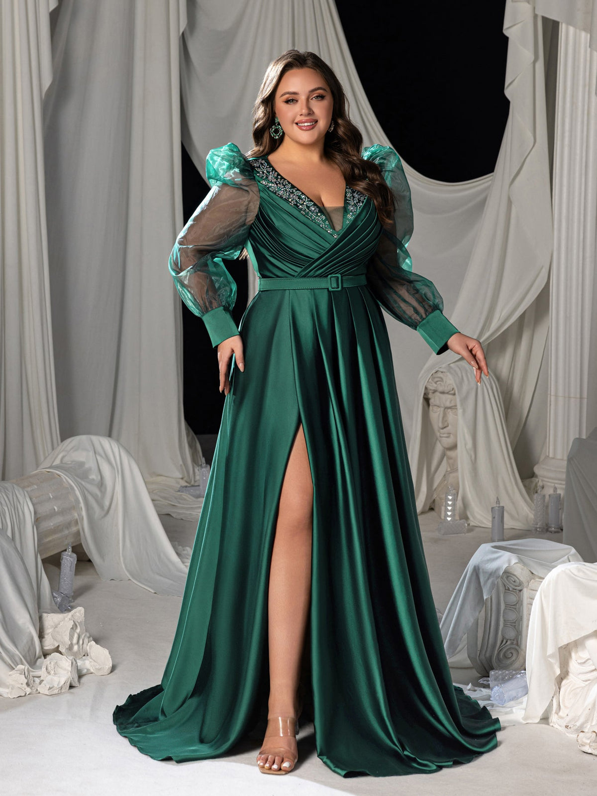 Plus-Size V-Neck Satin Puff-Sleeve A-Line Evening Gown — authorized product image 5