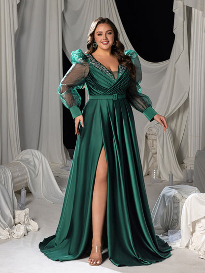 Plus-Size V-Neck Satin Puff-Sleeve A-Line Evening Gown — authorized product image 5