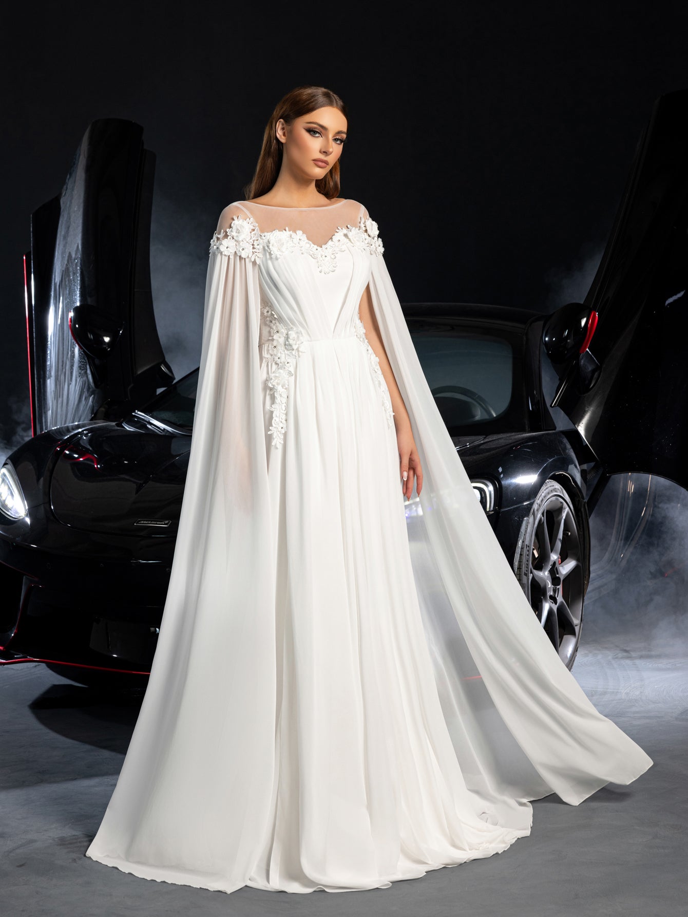Elegant Applique Detail Boat Neck Ruched Front Cape Sleeves Chiffon Wedding Dress – view 7