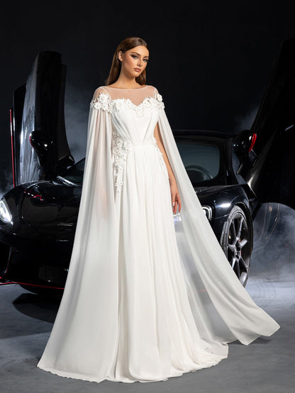 Elegant Applique Detail Boat Neck Ruched Front Cape Sleeves Chiffon Wedding Dress – view 7