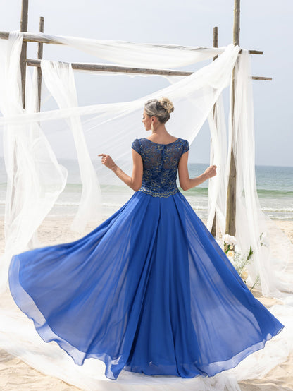Women's Elegant Evening Gown: Embroidered Lace Bodice & Flowing Chiffon Skirt – Diagonal Neckline & Cap Sleeves Formal Dress – view 2