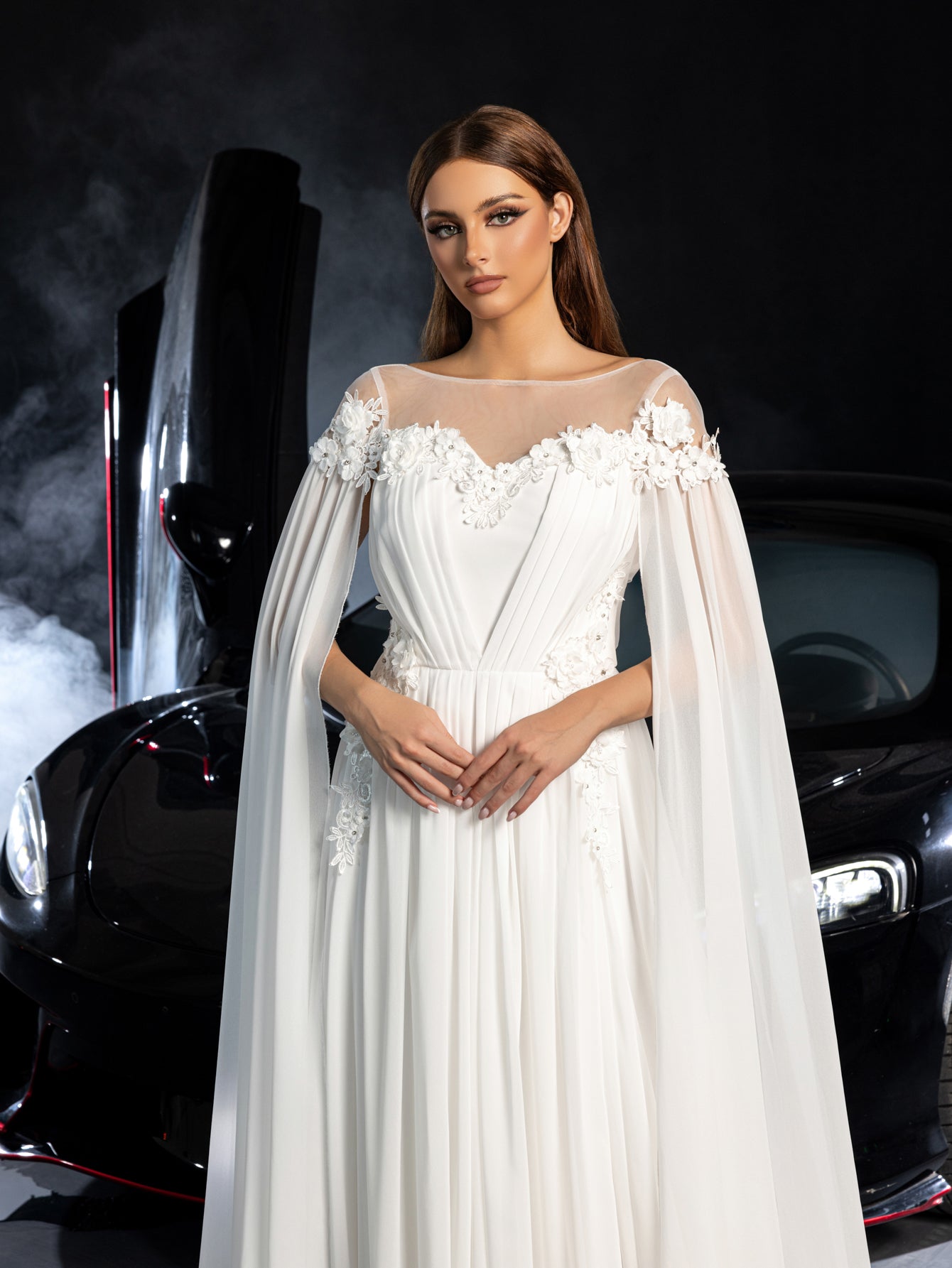 Elegant Applique Detail Boat Neck Ruched Front Cape Sleeves Chiffon Wedding Dress – view 8