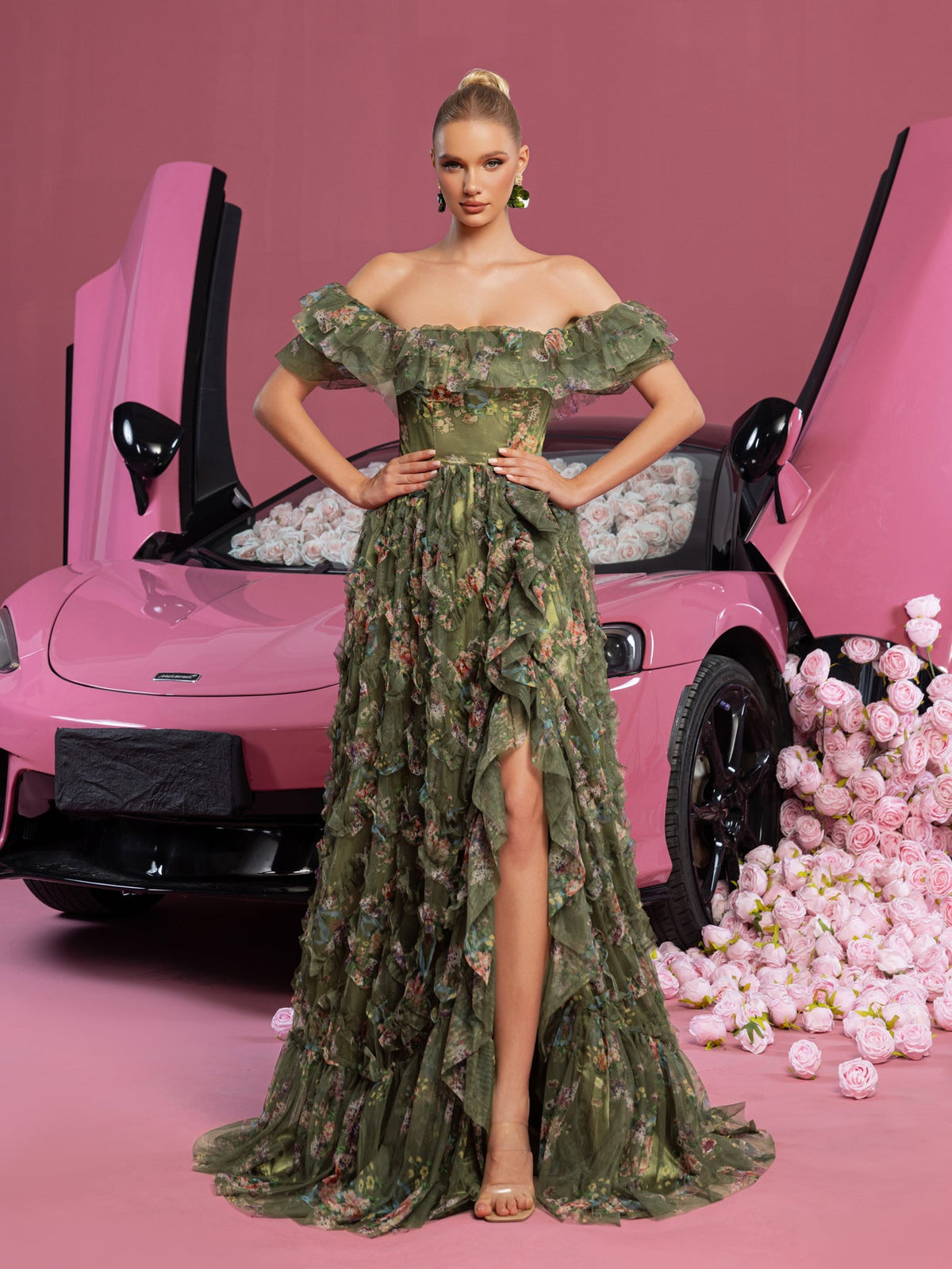 Elegant Ruffle Trim Puff Sleeves Floral Organza Prom Dress