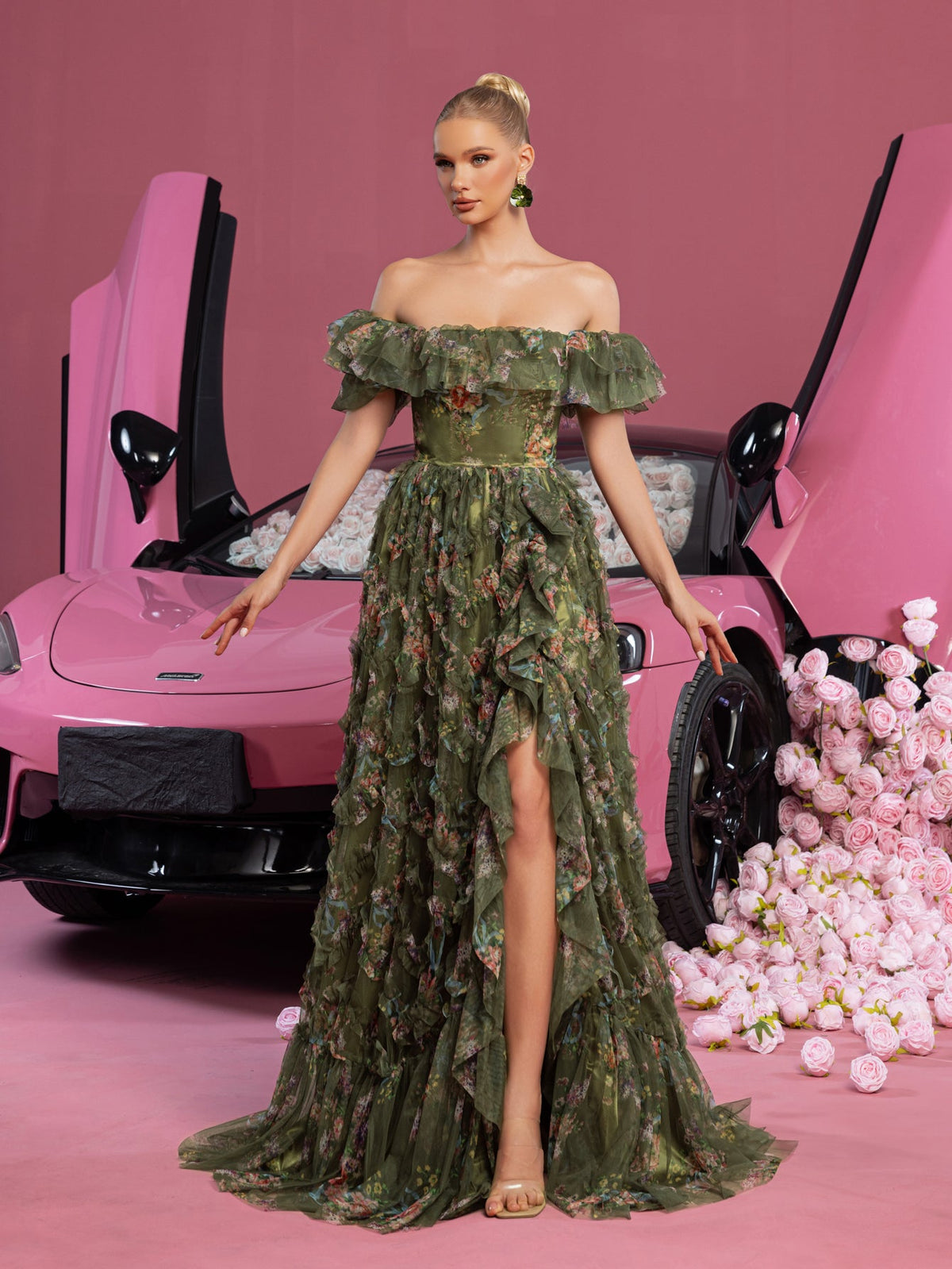 Elegant Ruffle Trim Puff Sleeves Floral Organza Prom Dress