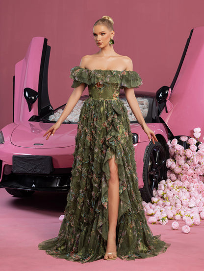 Elegant Ruffle Trim Puff Sleeves Floral Organza Prom Dress