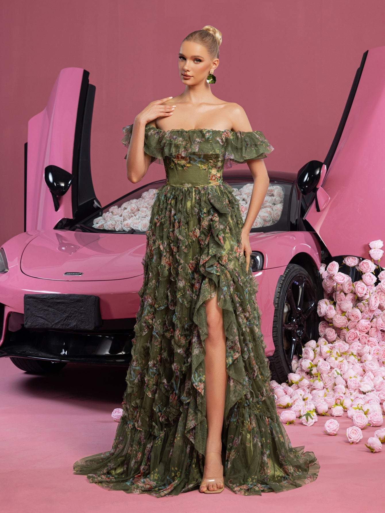 Elegant Ruffle Trim Puff Sleeves Floral Organza Prom Dress