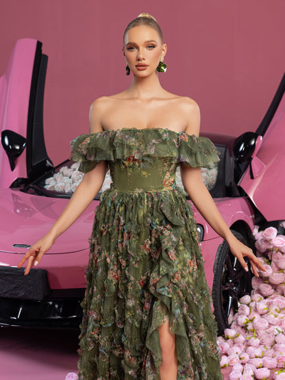 Elegant Ruffle Trim Puff Sleeves Floral Organza Prom Dress