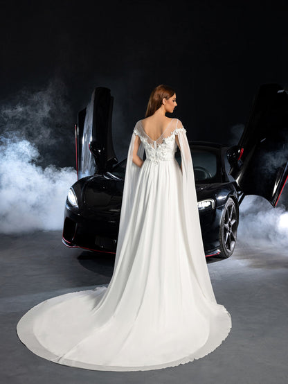 Elegant Applique Detail Boat Neck Ruched Front Cape Sleeves Chiffon Wedding Dress – view 2