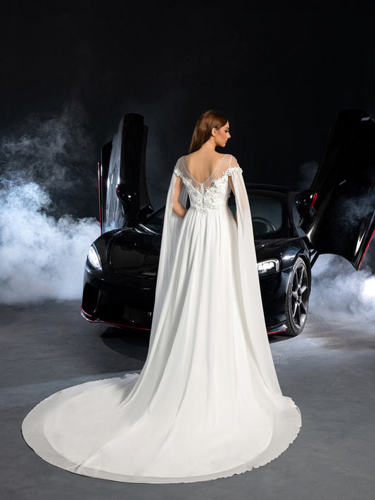 Elegant Applique Detail Boat Neck Ruched Front Cape Sleeves Chiffon Wedding Dress – view 2