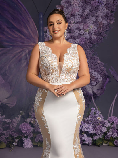 Plus Elegant Backless Contrast Lace Mermaid Hem Maxi Wedding Dress – view 6