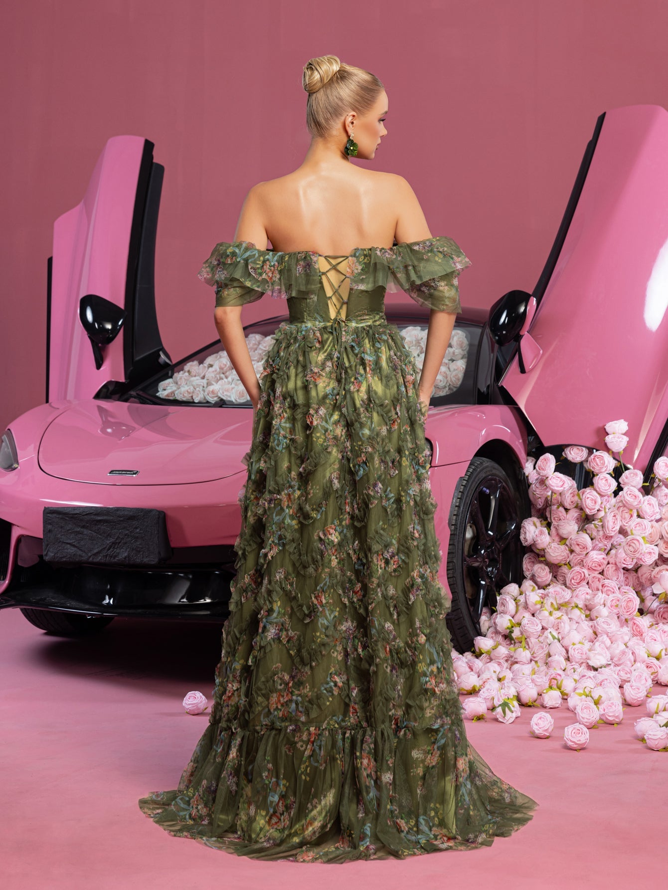Elegant Ruffle Trim Puff Sleeves Floral Organza Prom Dress