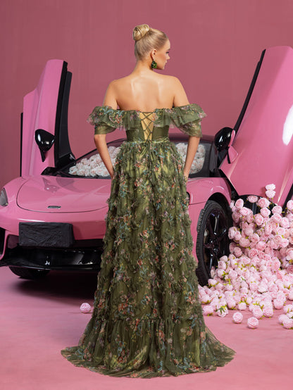 Elegant Ruffle Trim Puff Sleeves Floral Organza Prom Dress