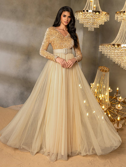 Elegant Sequin Long Sleeve V-Neck Evening Gown with Sheer Tulle Skirt, High Waist Belt | Flowy Formal Dress for Special Occasions