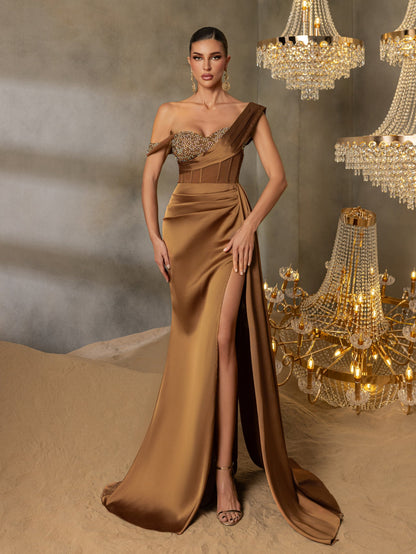Asymmetrical Neck Split Thigh Satin Mermaid Dress