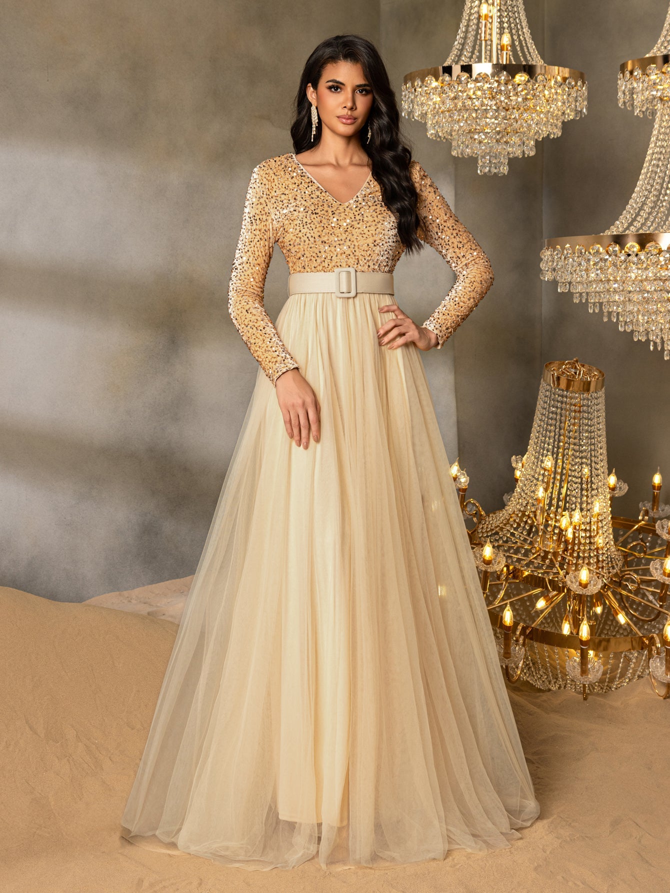 Elegant Sequin Long Sleeve V-Neck Evening Gown with Sheer Tulle Skirt, High Waist Belt | Flowy Formal Dress for Special Occasions