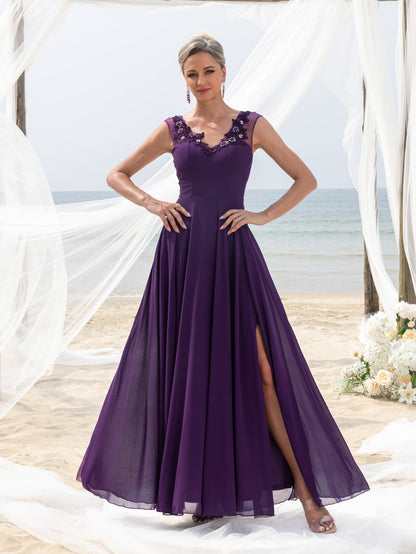 Women's Elegant Mother-of-the-Bride Gown: Floral Appliqué V-Neck & Chiffon Skirt – Open-Back Wedding Formal Dress – view 3