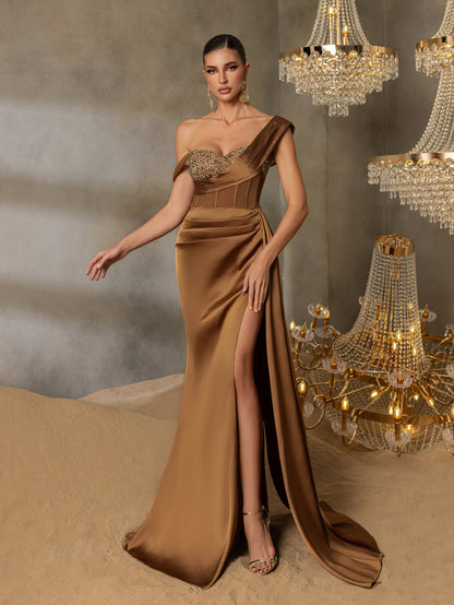 Asymmetrical Neck Split Thigh Satin Mermaid Dress