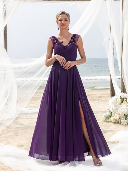Women's Elegant Mother-of-the-Bride Gown: Floral Appliqué V-Neck & Chiffon Skirt – Open-Back Wedding Formal Dress – view 4