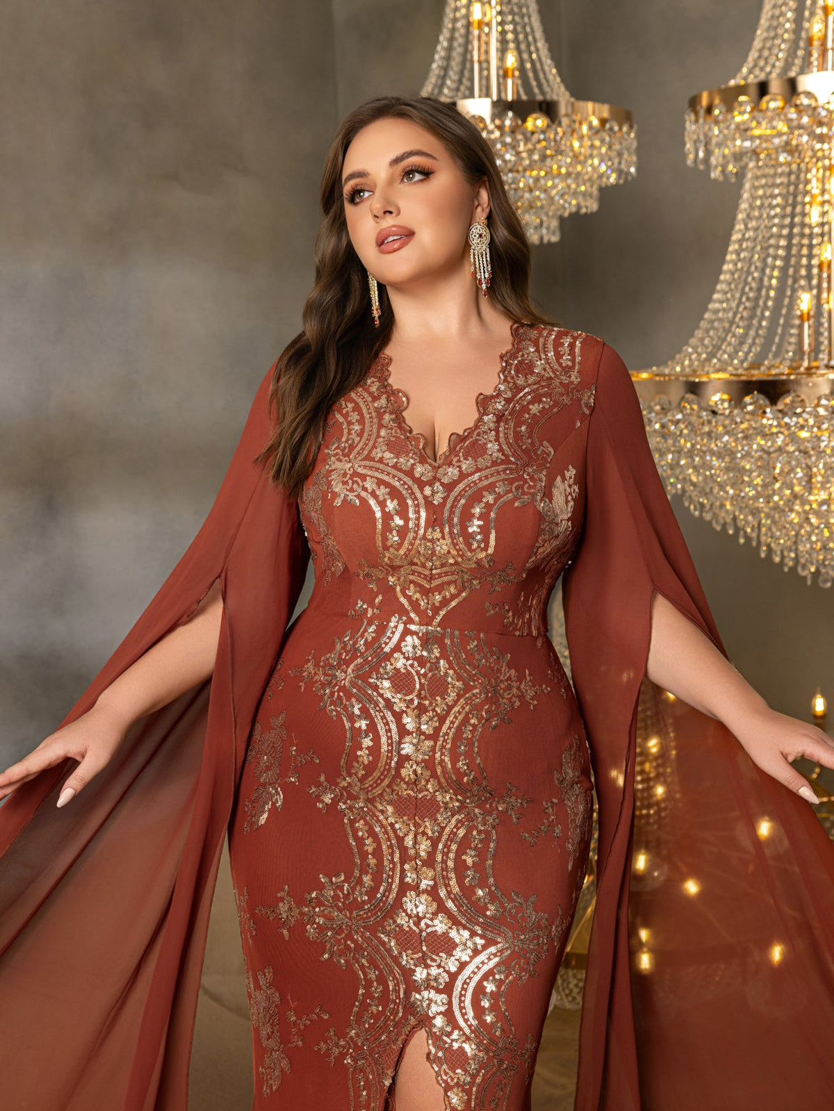 Plus Gorgeous Sequin Embroidery Evening Gown - V-Neck Mermaid Dress with Cape Sleeves & High Slit