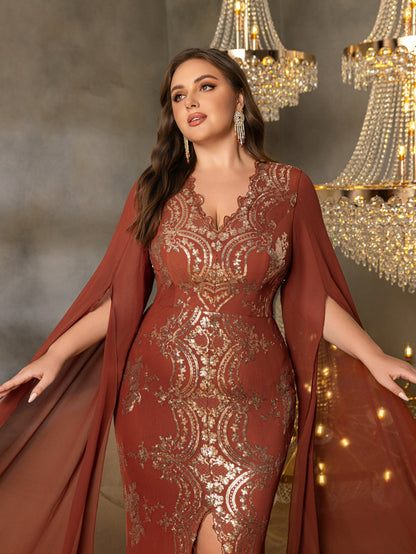 Plus Gorgeous Sequin Embroidery Evening Gown - V-Neck Mermaid Dress with Cape Sleeves & High Slit