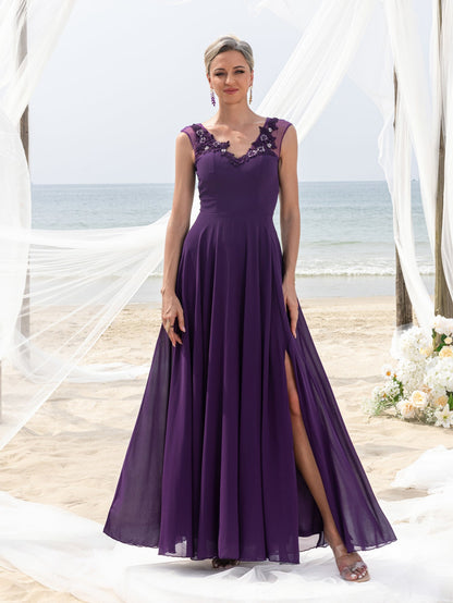 Women's Elegant Mother-of-the-Bride Gown: Floral Appliqué V-Neck & Chiffon Skirt – Open-Back Wedding Formal Dress – view 5