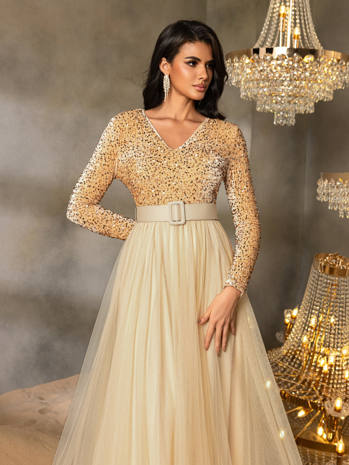 Elegant Sequin Long Sleeve V-Neck Evening Gown with Sheer Tulle Skirt, High Waist Belt | Flowy Formal Dress for Special Occasions