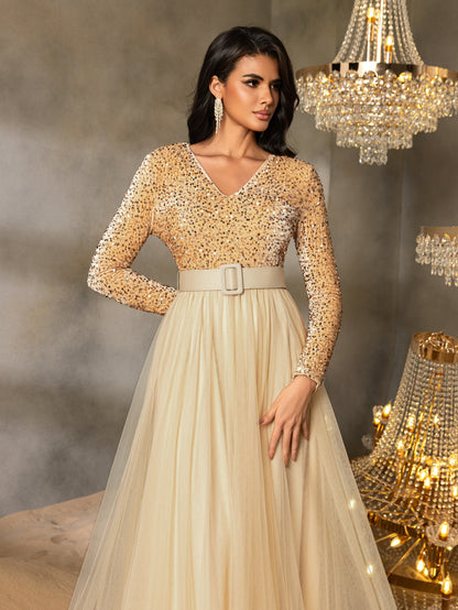 Elegant Sequin Long Sleeve V-Neck Evening Gown with Sheer Tulle Skirt, High Waist Belt | Flowy Formal Dress for Special Occasions