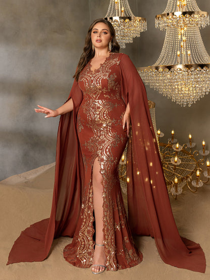 Plus Gorgeous Sequin Embroidery Evening Gown - V-Neck Mermaid Dress with Cape Sleeves & High Slit