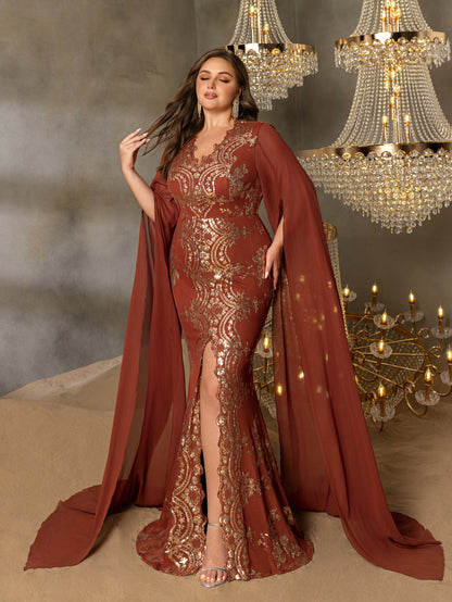 Plus Gorgeous Sequin Embroidery Evening Gown - V-Neck Mermaid Dress with Cape Sleeves & High Slit